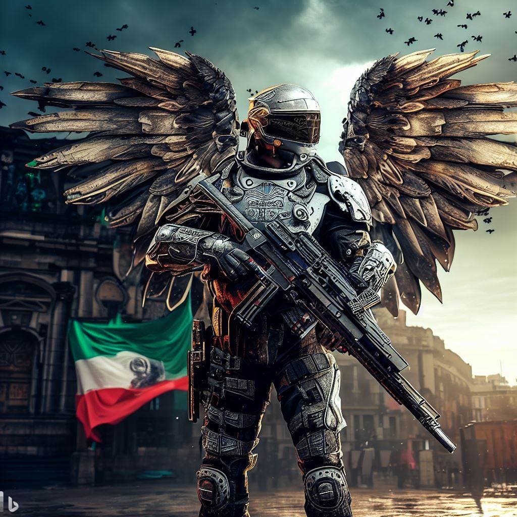 AI generated: sci-fi futuristic fully armored mexican soldier with eagle wings, pistol in hand, full body, insanel...