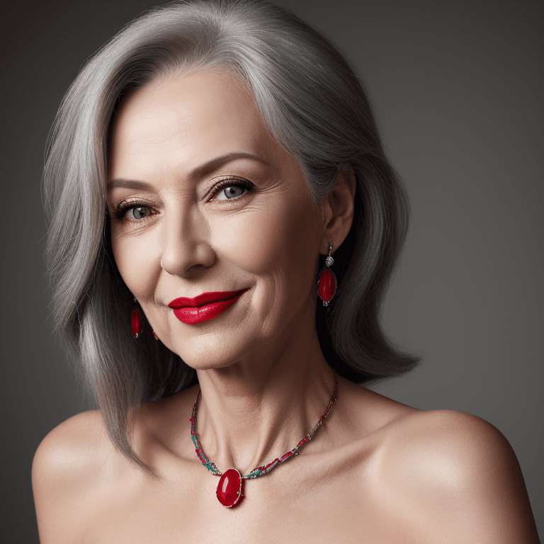 AI generated: hyper realistic headshot photo of a 55 year old stylish, woman,  elegant, long grey hair, slim, skin...