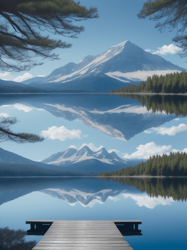 AI generated: A clear, reflective mountain lake surrounded by lush pine forests and towering peaks. The surface of...