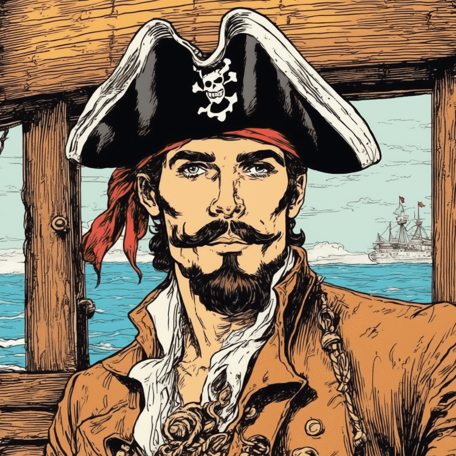 AI generated: portrait of a handsome pirate on a ship, comic book style art, 1960's comic book, grainy texture, vi...