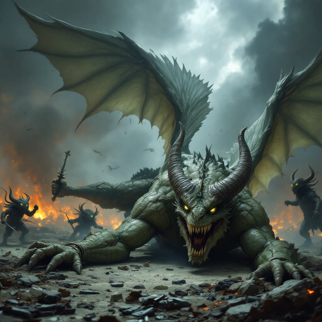 AI generated: A dramatic scene depicting the powerful draconian villain lying defeated on the ground. The villain ...