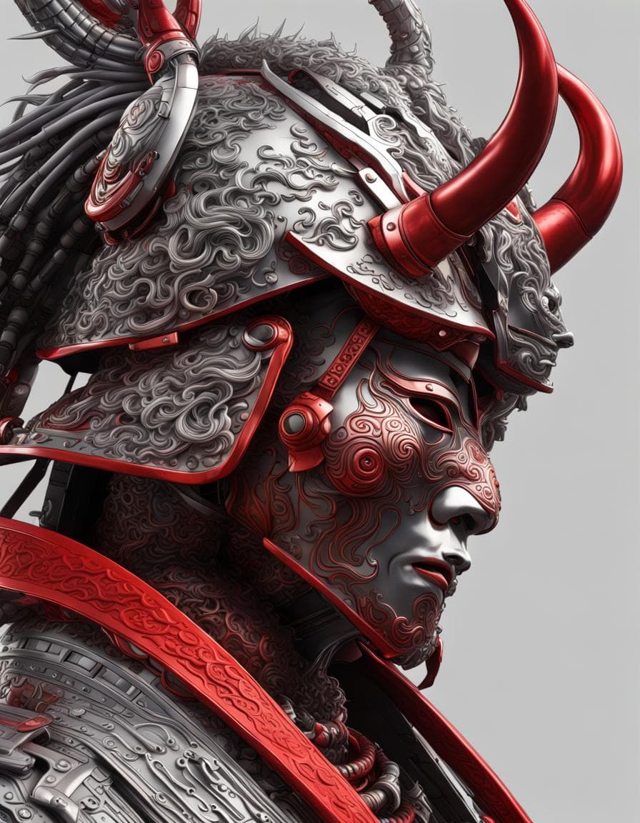 AI generated: japanese samurai portrait, helmet with horns, intricately sculpted, realistic hyper-detailed, machin...