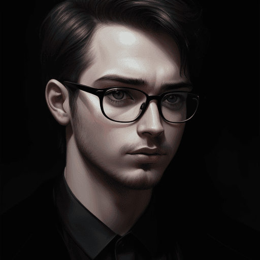 AI generated: digital wallpaper portrait of an anonymous, baby men face with black glasses, gloomy background, maj...