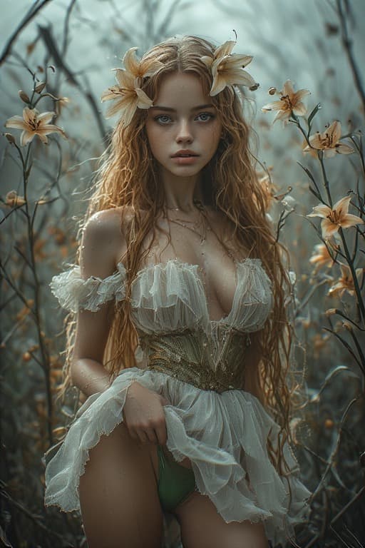 AI generated: A captivating portrait of a ethereal young woman, pale skin, light freckles, light blue eyes, long w...