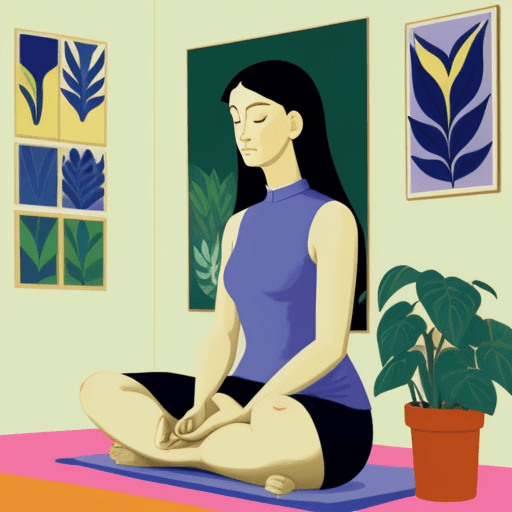 AI generated: A flat illustration of a lady doing meditating, with plants in the house, Matisse poster, calming co...
