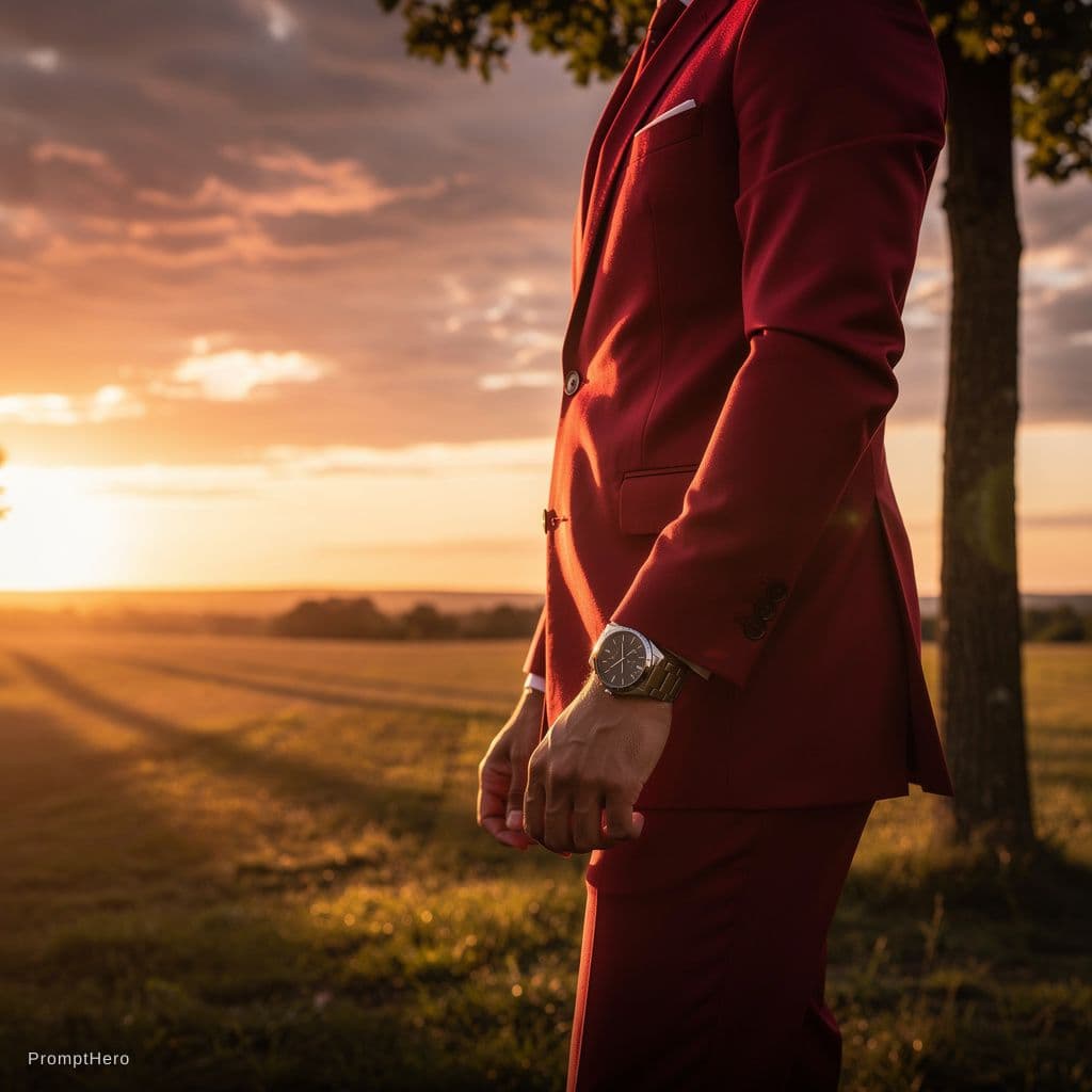 AI generated: Wearing red suit and watch ⌚️ standing beside a tree while the sun set