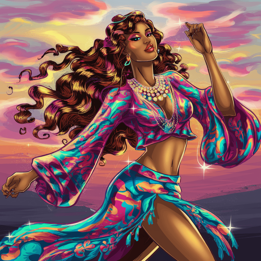 AI generated: A digital illustration of an African-American woman exuding confidence and joy in a bohemian fashion...