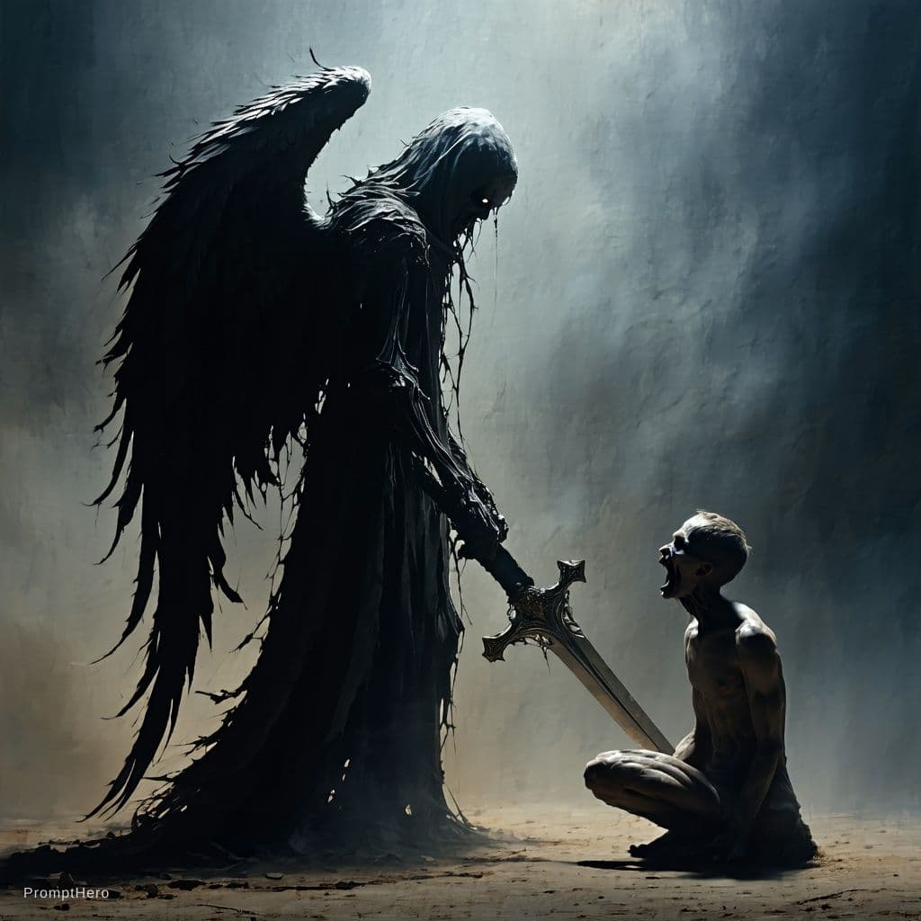 AI generated: A dark and macabre 9:21 portrait depicting a side-view of a twisted, abominable angel, wielding a sw...