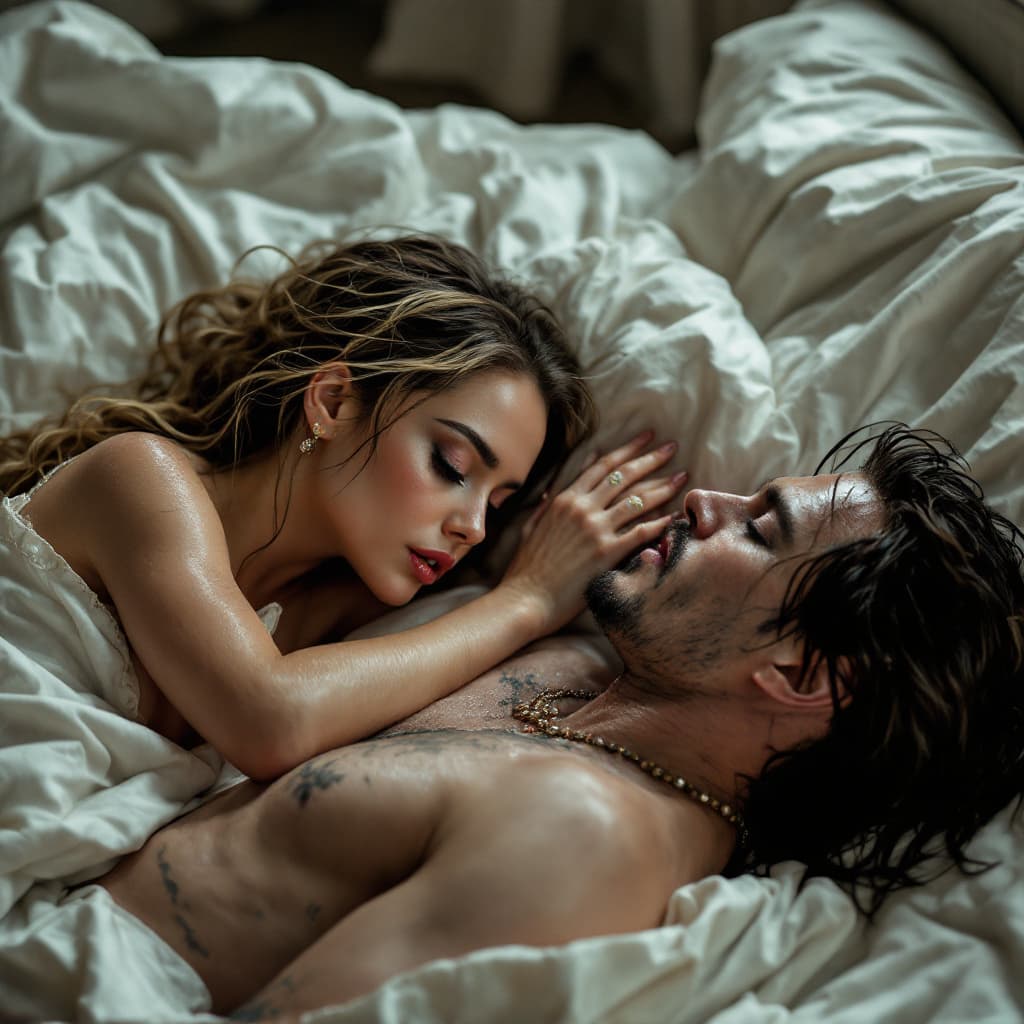 AI generated: full body , fantasy, Margot Elise Robbie and John Christopher Depp II,she's 
naked,he's 
naked,Lying...