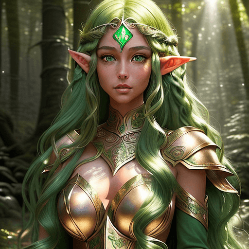 AI generated: Create an image that represents a mythical idol: a young elf girl with tanned skin, emerald eyes and...