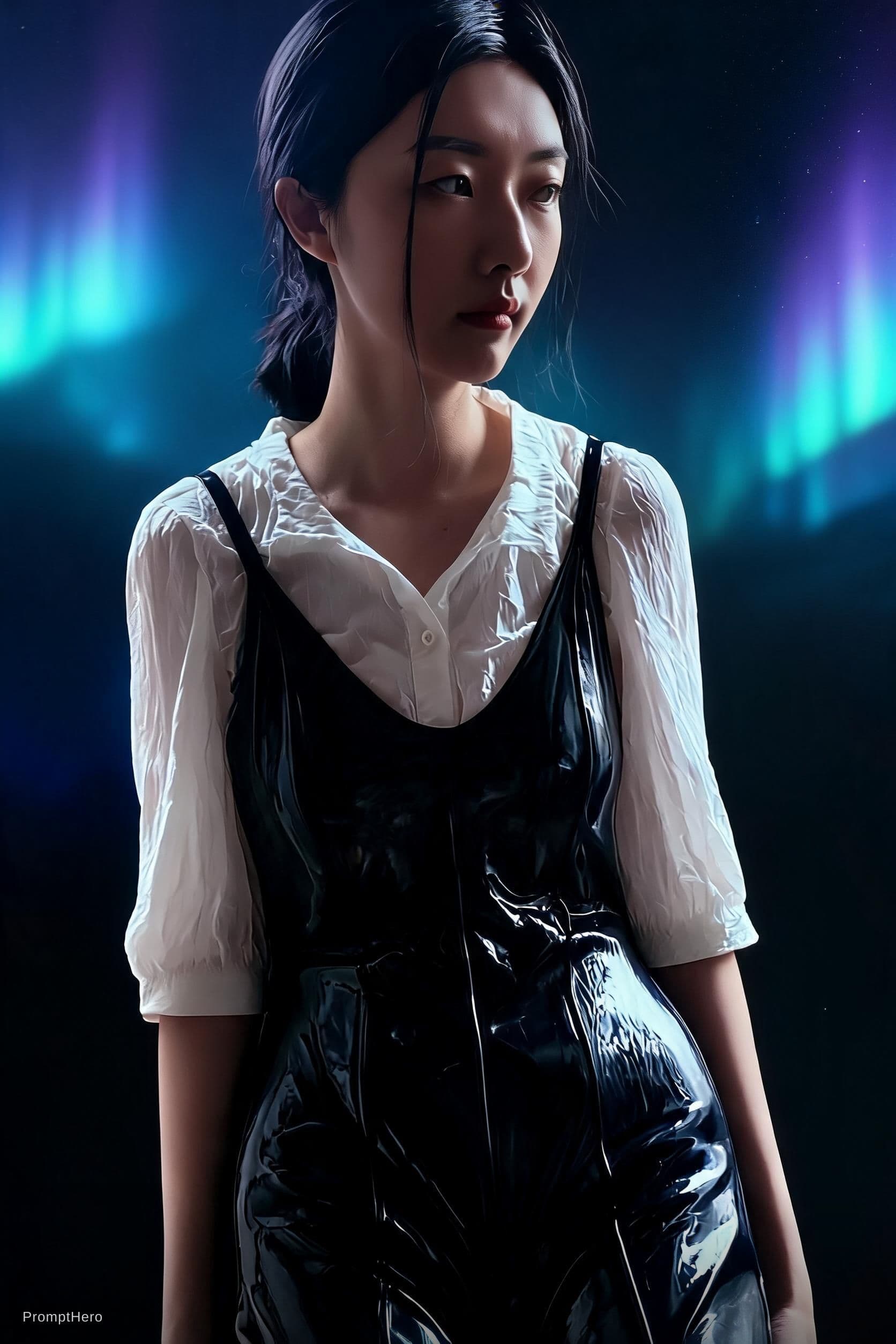 AI generated: high fashion, vintage latex outfit, in the style of joong keun lee, intense shadows, smooth and shin...