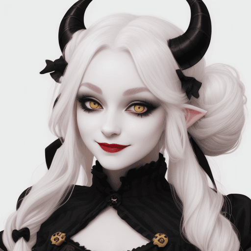 AI generated: YoungTiefling woman with a cute dress, long white hair with two side buns and black stripes, and bla...