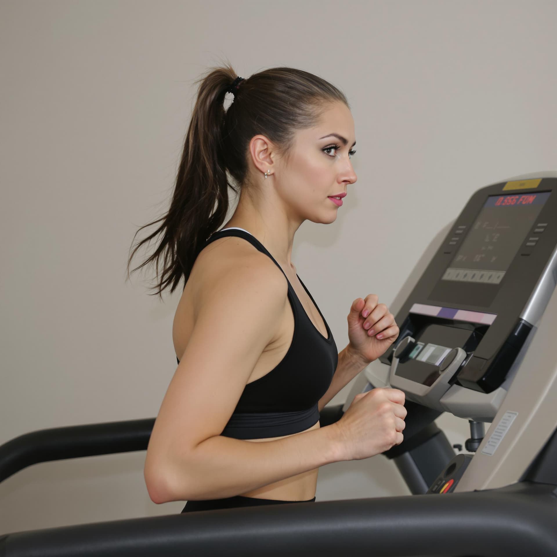 AI generated: A woman is running on a treadmill. She is wearing a black sports bra and her hair is pulled back in ...