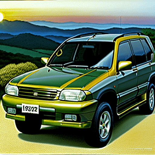 AI generated: carro, mitsubushi, pajero glx 2800, 1998, cinza prata, panorama serras, nascer do sol pálido, pintur...