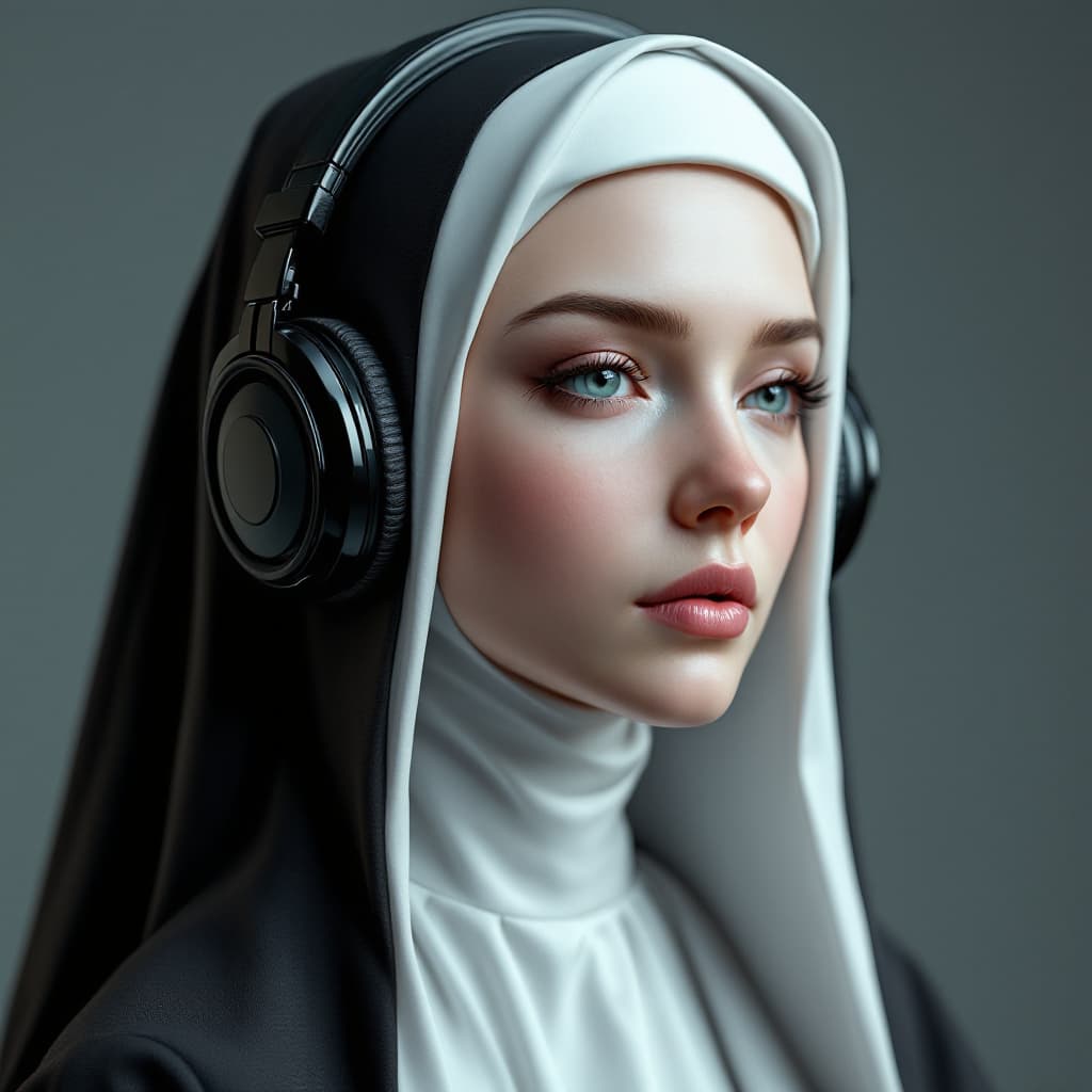AI generated: 
nun with plastic, glossy headphones on , medium close up. 3d

