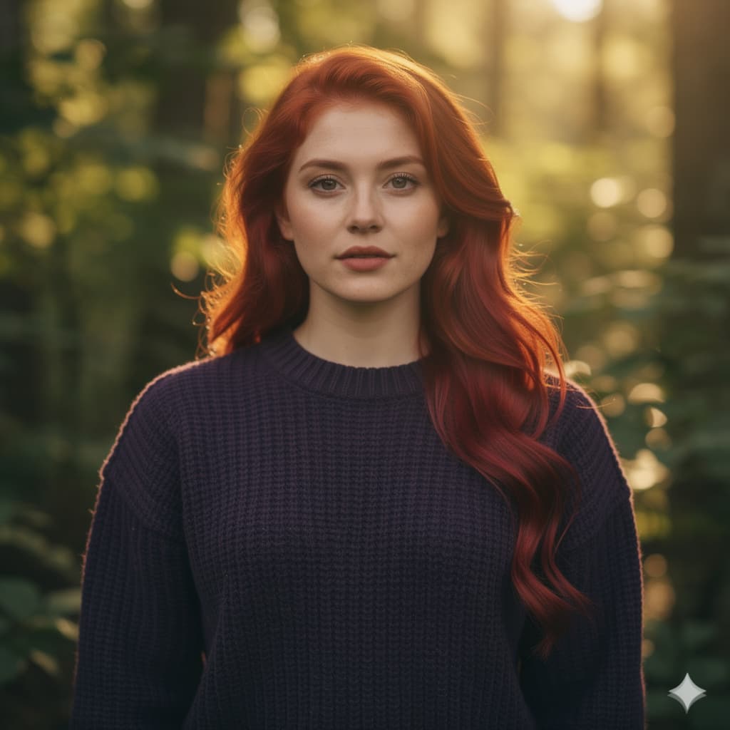 AI generated: A fit 30yo woman with long, wavy red hair stands in a lush forest during golden hour. She has fair s...