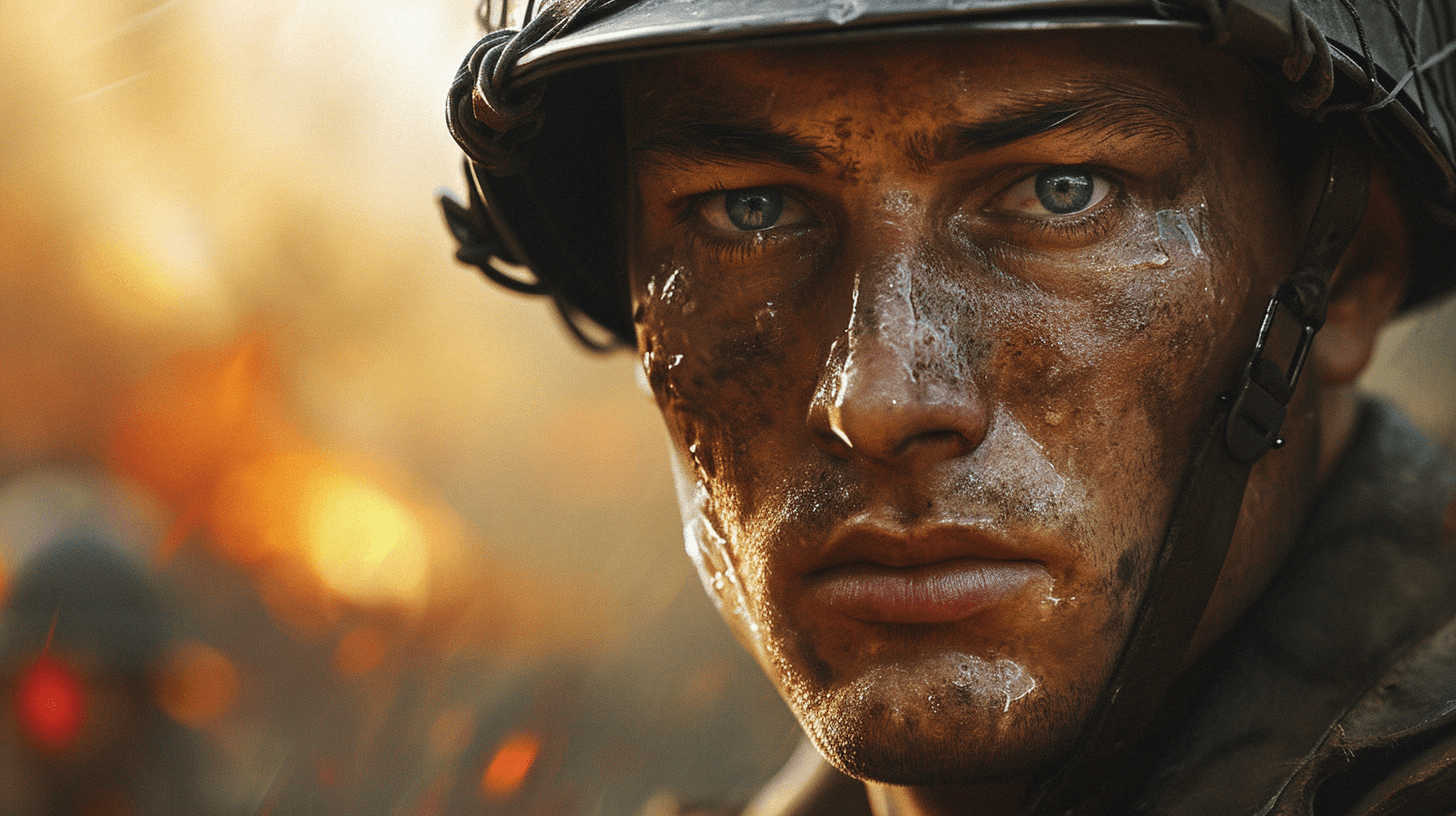 AI generated: Craft a detailed, photorealistic close-up of a World War II soldier amidst a fierce battle. The imag...