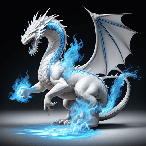 AI generated: white dragon, blue fire, exquisite realism, 32k uhd, photorealism photo, digital art