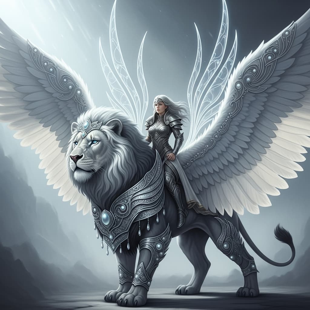 AI generated: A full body photo shot of an angelic mythical lion with outstretched feathery wings with glowing int...