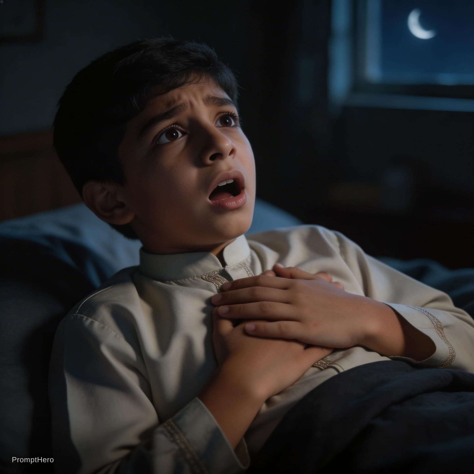 AI generated: A young Muslim boy lying on bed at night, dim light, suddenly struggling to breathe, holding chest, ...