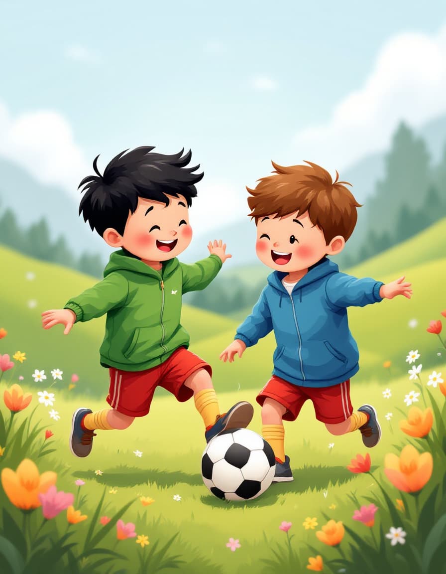 AI generated: An illustration of two cheerful children  playing soccer out doors. A boy with black hair, wearing a...