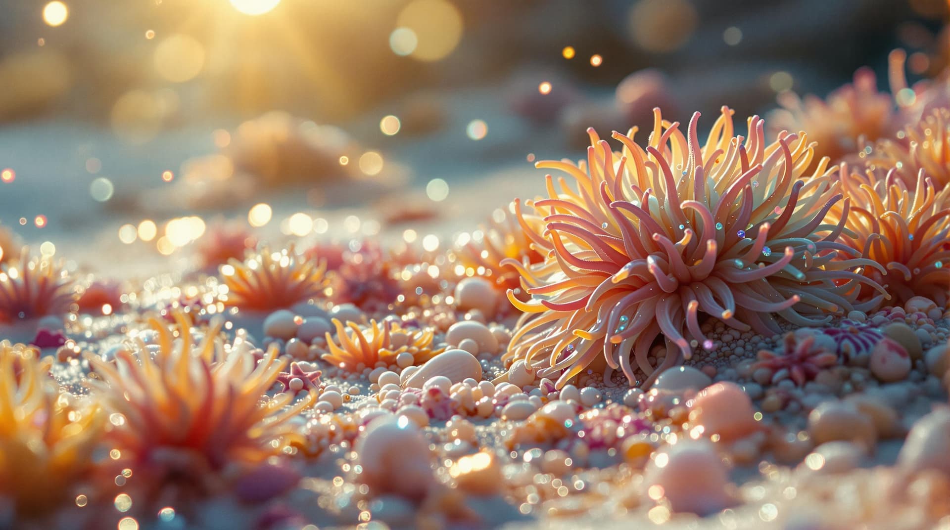 AI generated: Under a warm, ethereal glow reminiscent of a Terrence Malick film, vibrant varigated color sea anemo...