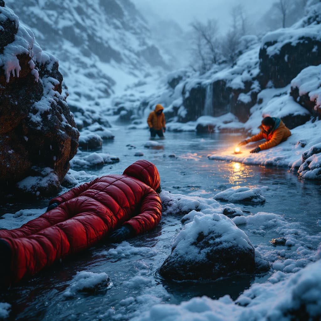 AI generated: Photo style, heavy snow, hot springs, small waterfalls, very dark night, strong winds, a dead person...