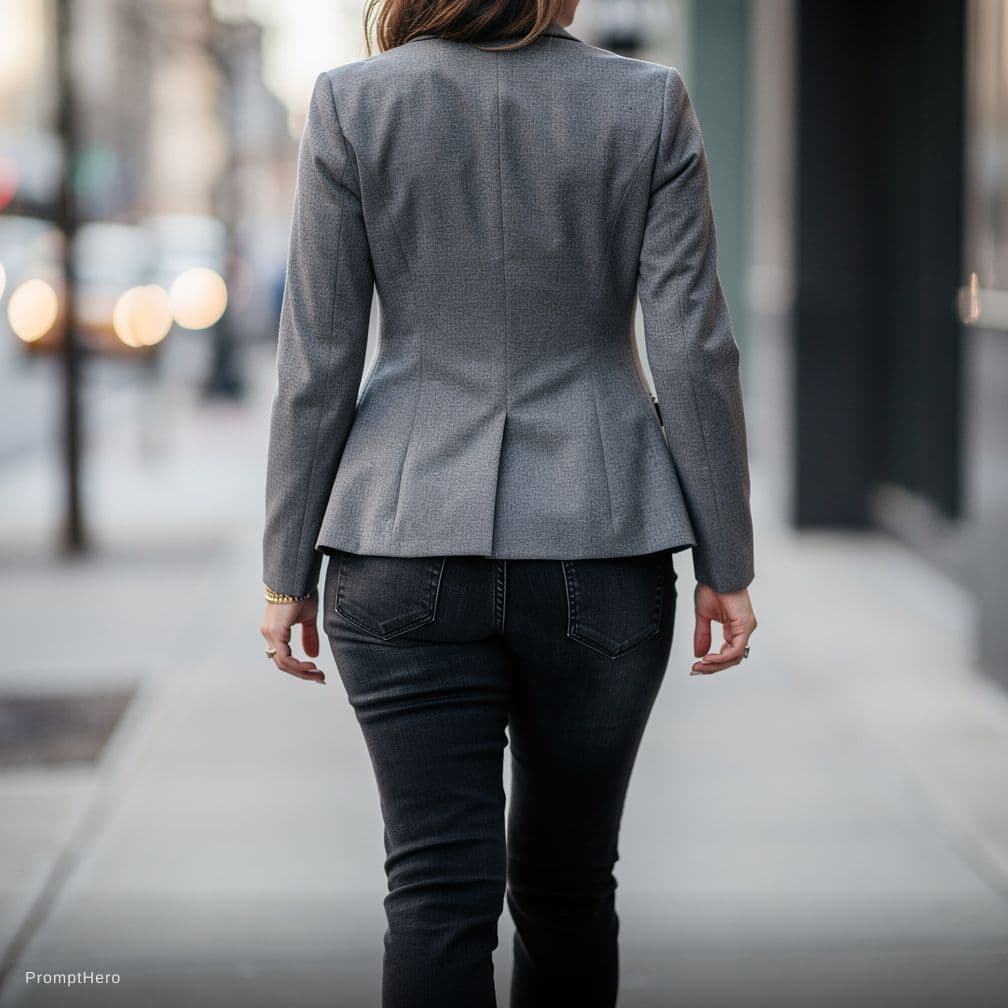 AI generated: Woman pantiesless gray jacket butt