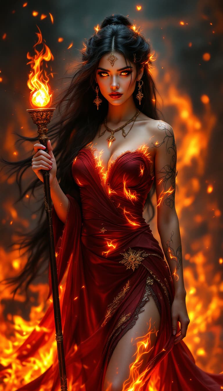 AI generated: An ultra-realistic, full-body portrait of a captivating fire priestess woman, radiating fierce power...