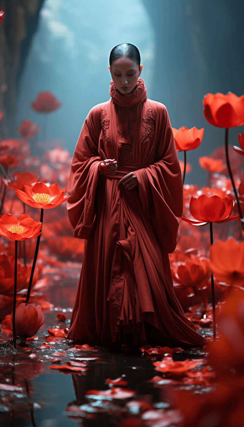 AI generated: the actors are dressed in red suits and are dancing with a lotus, in the style of cinematic stills, ...