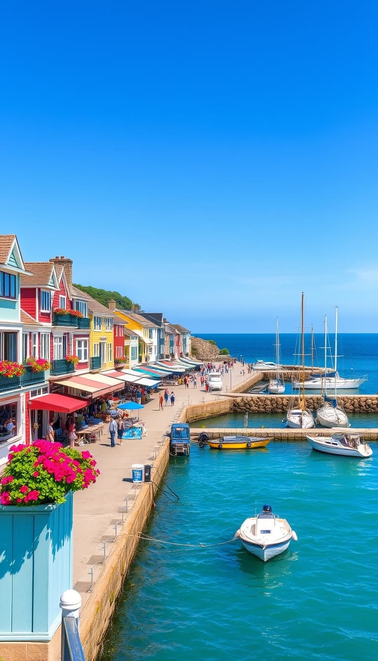 AI generated: A charming coastal town on a bright, sunny day with colorful, seaside houses lining the waterfront. ...