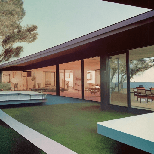 AI generated: Hyper realistic eye level exterior photo of a mid century modern style house overlooking the ocean, ...