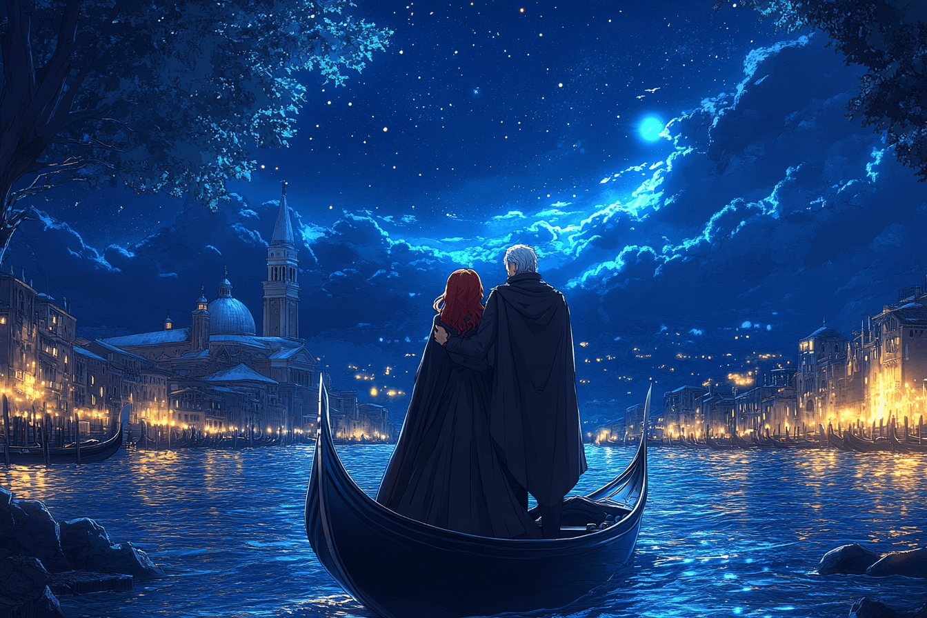 AI generated: An anime-style scene set on a serene Venice canal at night, where a woman with red wavy hair in a bl...