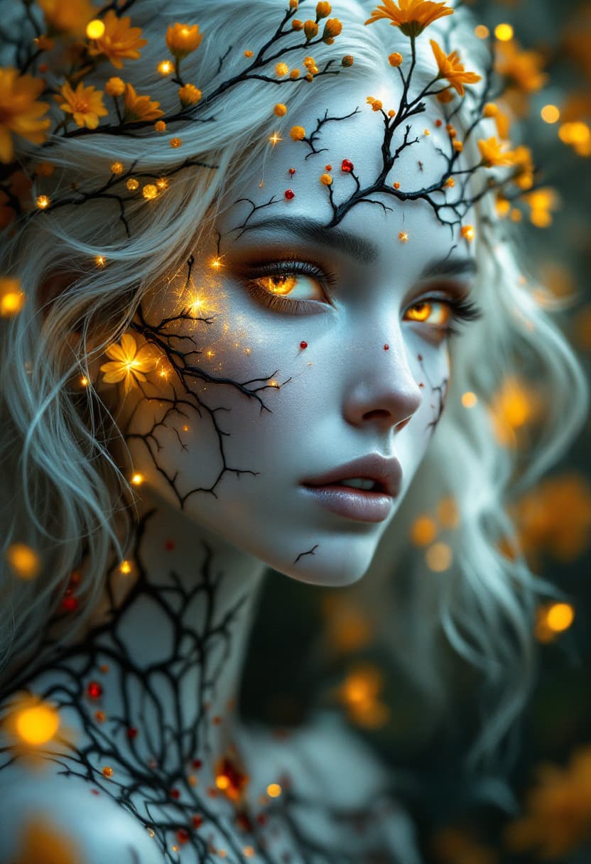 AI generated: A mystical ethereal woman with glowing golden eyes, pale porcelain skin, and white hair, adorned wit...
