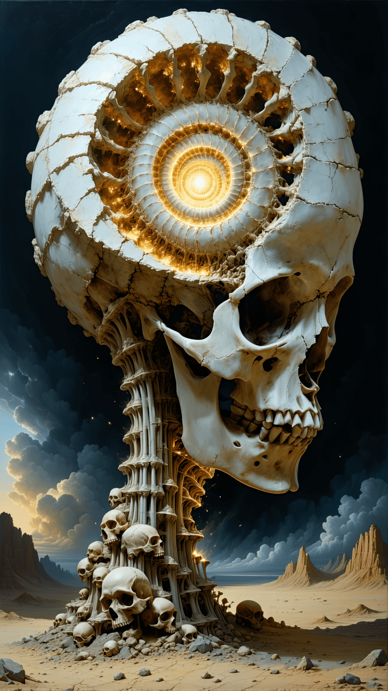 AI generated: A massive, surreal skull spiral made entirely of human skulls and bones, forming a nautilus shell sh...