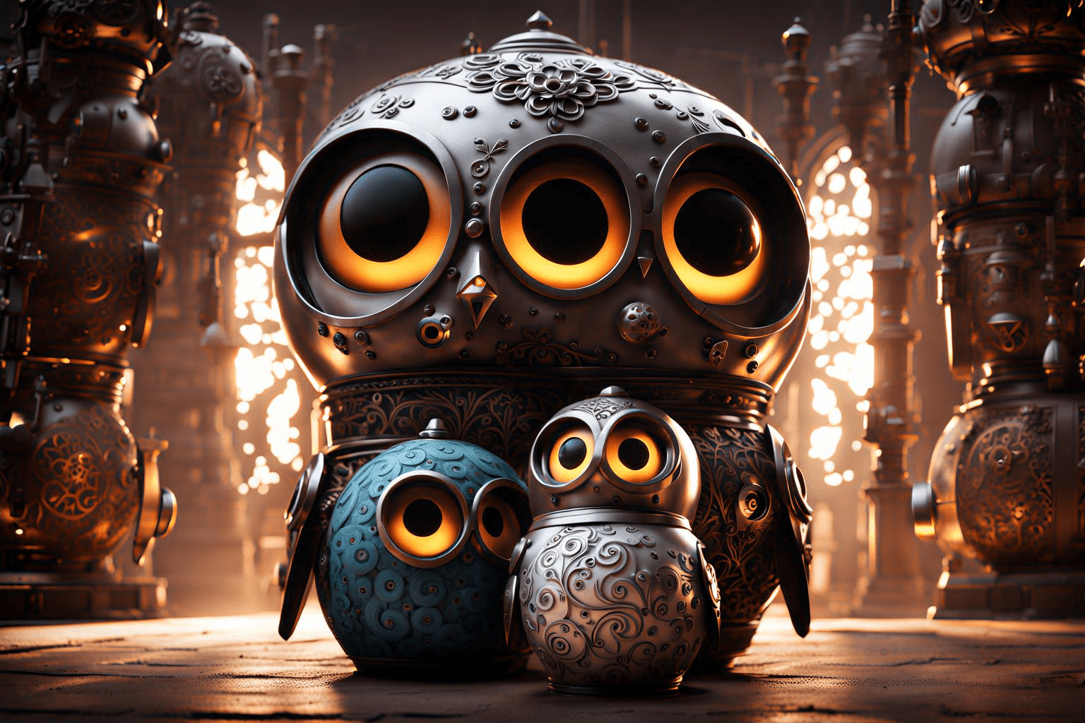 AI generated: extremely detailed CG unity 8k wallpaper, matryoshkas, hand made from metal, hand-carved face cute, ...
