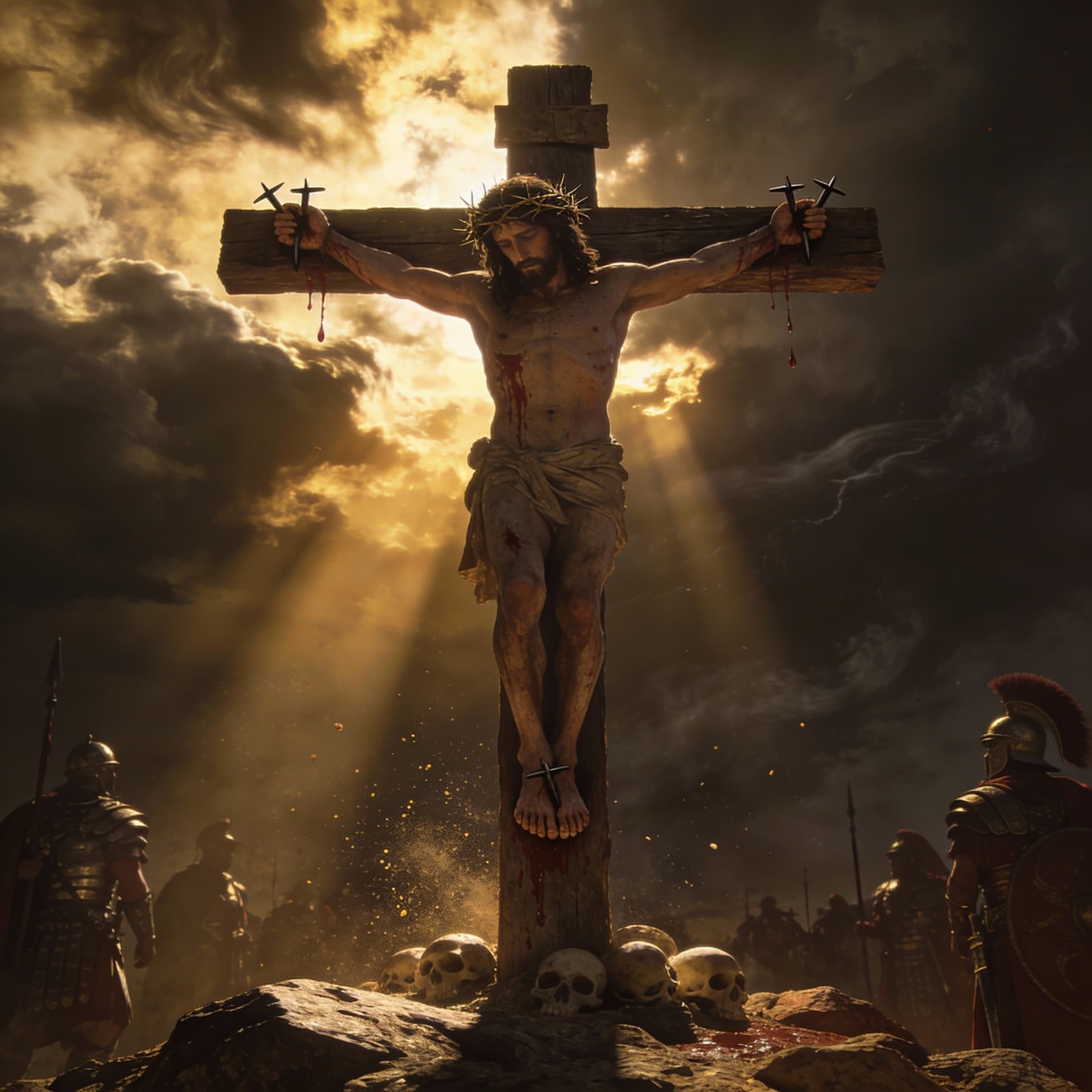 AI generated: “Jesus on the cross at Golgotha, darkened skies, dramatic lighting breaking through clouds, cinemati...