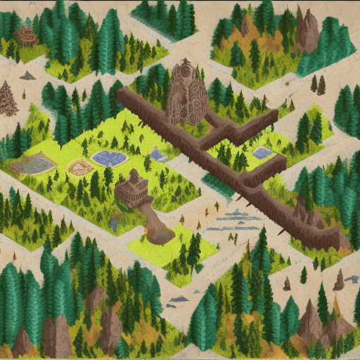 AI generated: Map for a isometric fantasy game of a collage surrounded by a Forrest 