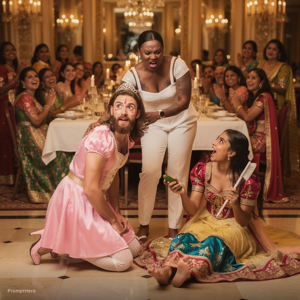 AI generated: a young white, brown-bearded and long-haired in a pink woman's princess outfit with white fishnet st...