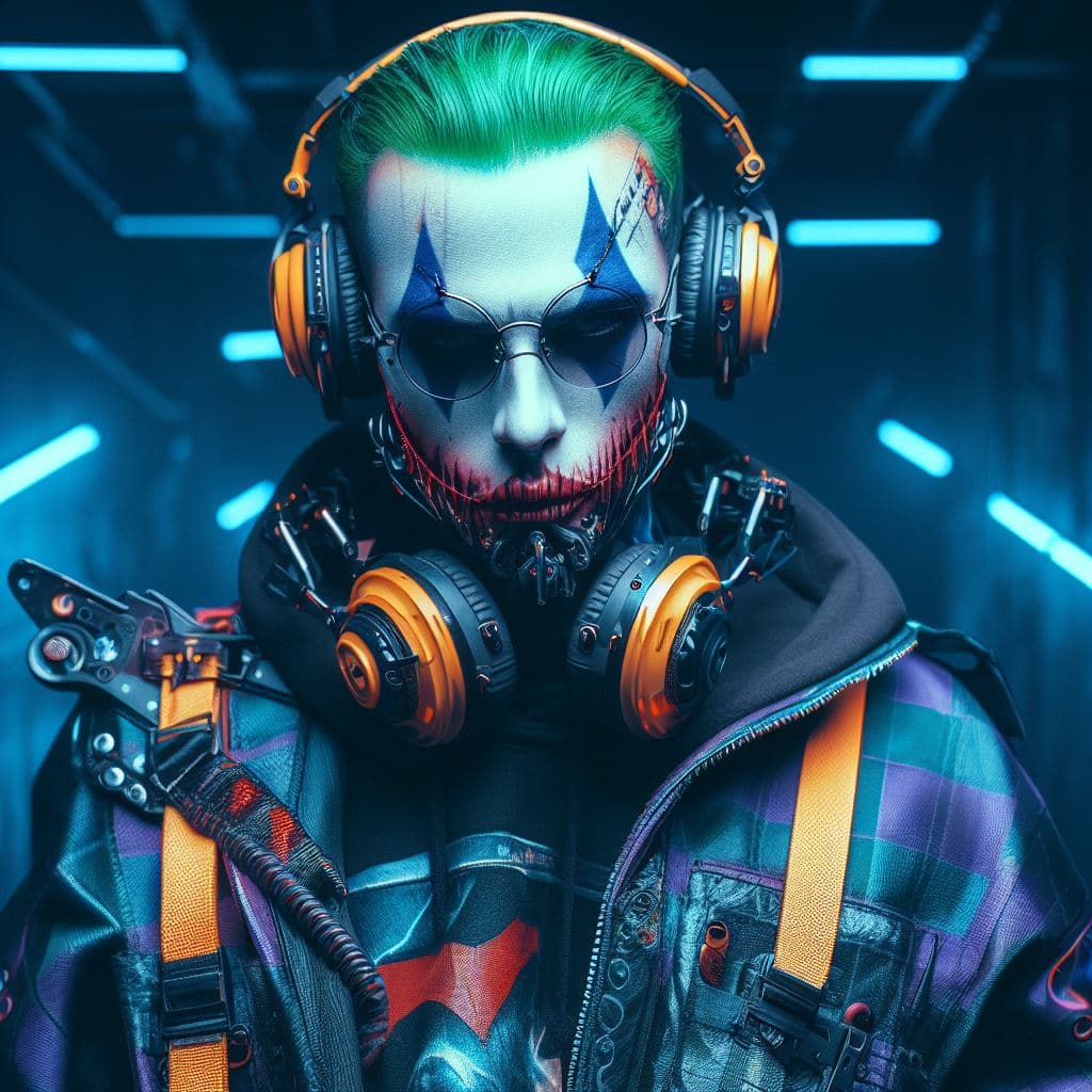 AI generated: JOKER, cyberpunk techwear streetwear look and clothes, 16K, highly detailed, ray tracting