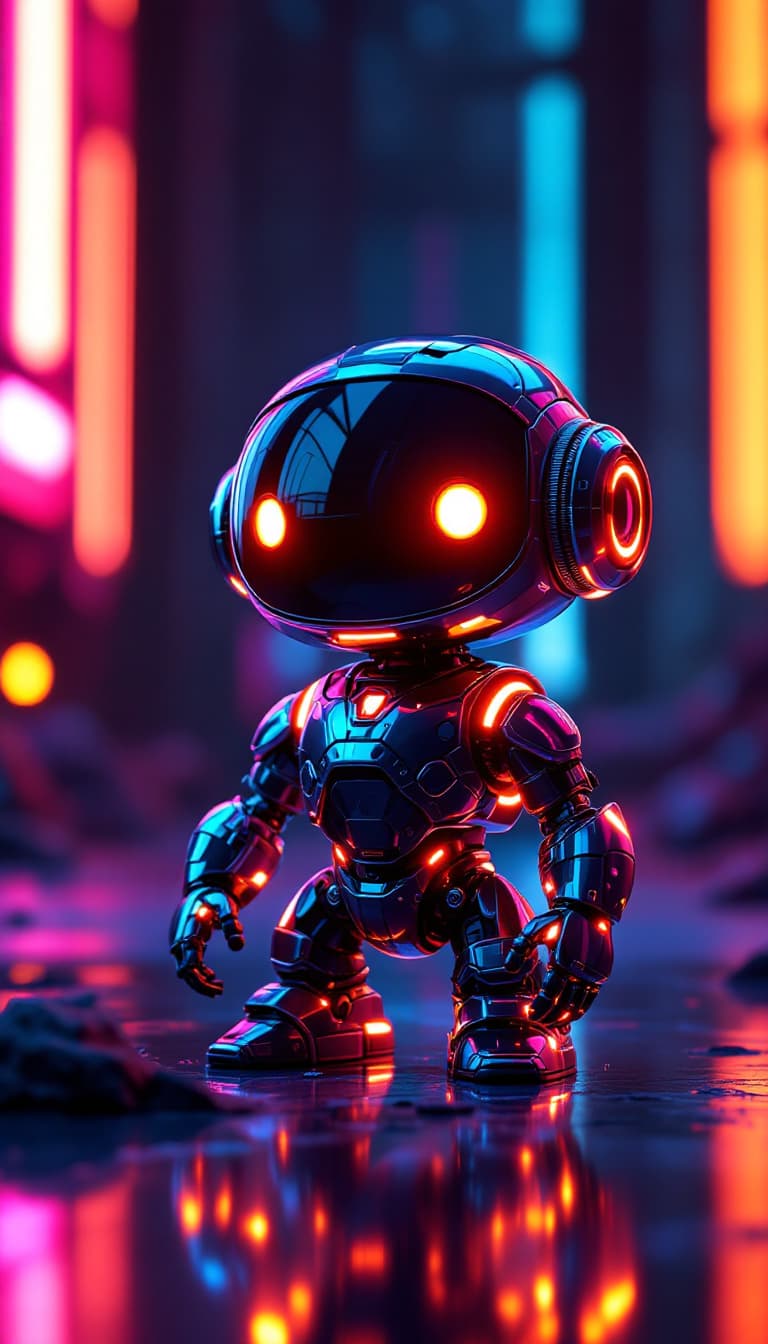 AI generated: A futuristic, hyper-detailed small robot with an endearing, Pixar-inspired design, set amidst a neon...