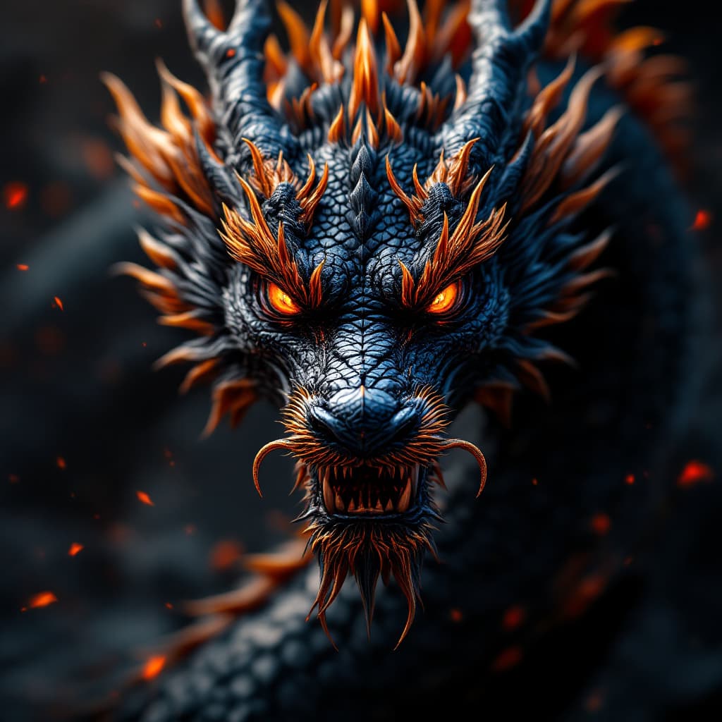 AI generated: A Chinese black dragon,full body,Close-up detail of dragon scalesdark background black and yellow an...