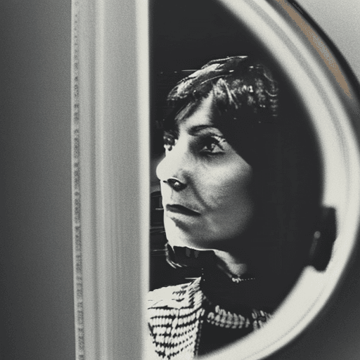 AI generated: A photograph styled to mirror a 1970s cinema frame, featuring a woman who resembles someone in her y...