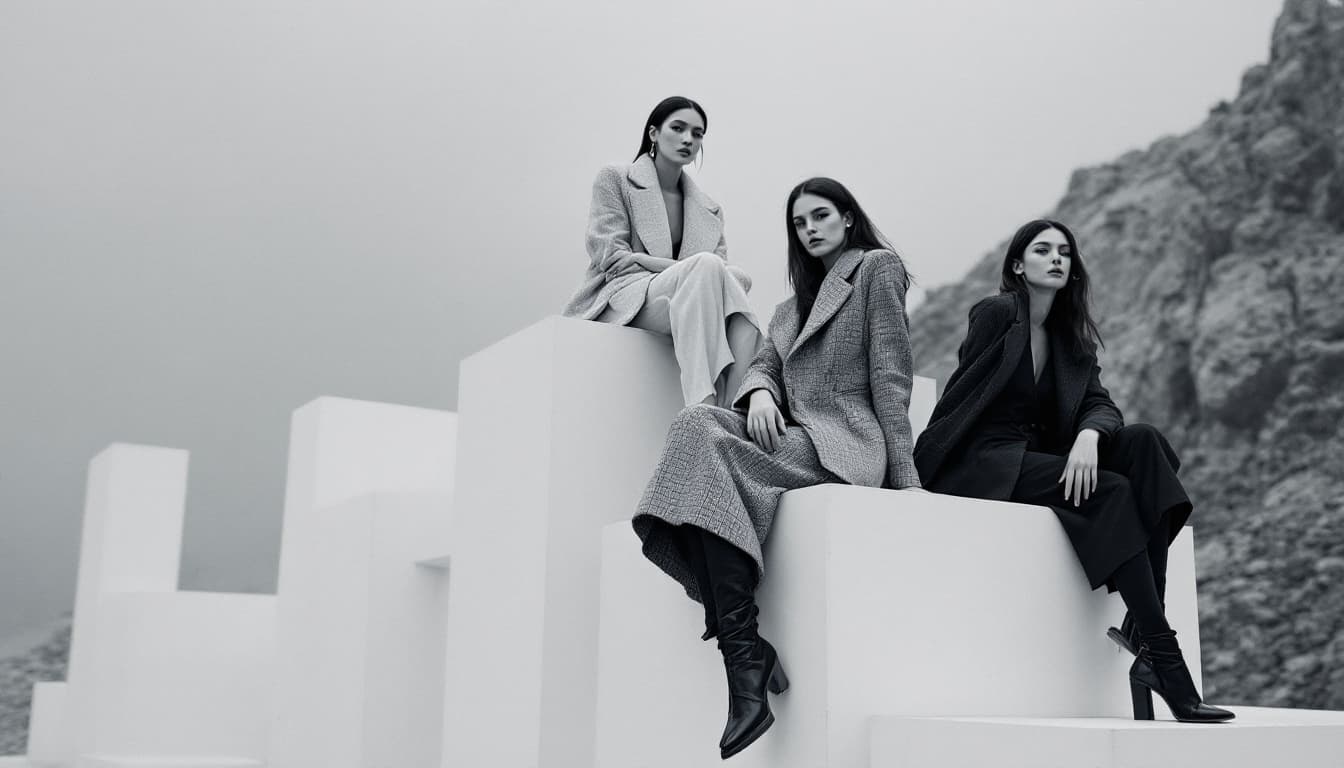 AI generated: a three womans sitting on top of a white cube, official jil sander editorial, blue and grey tones, t...