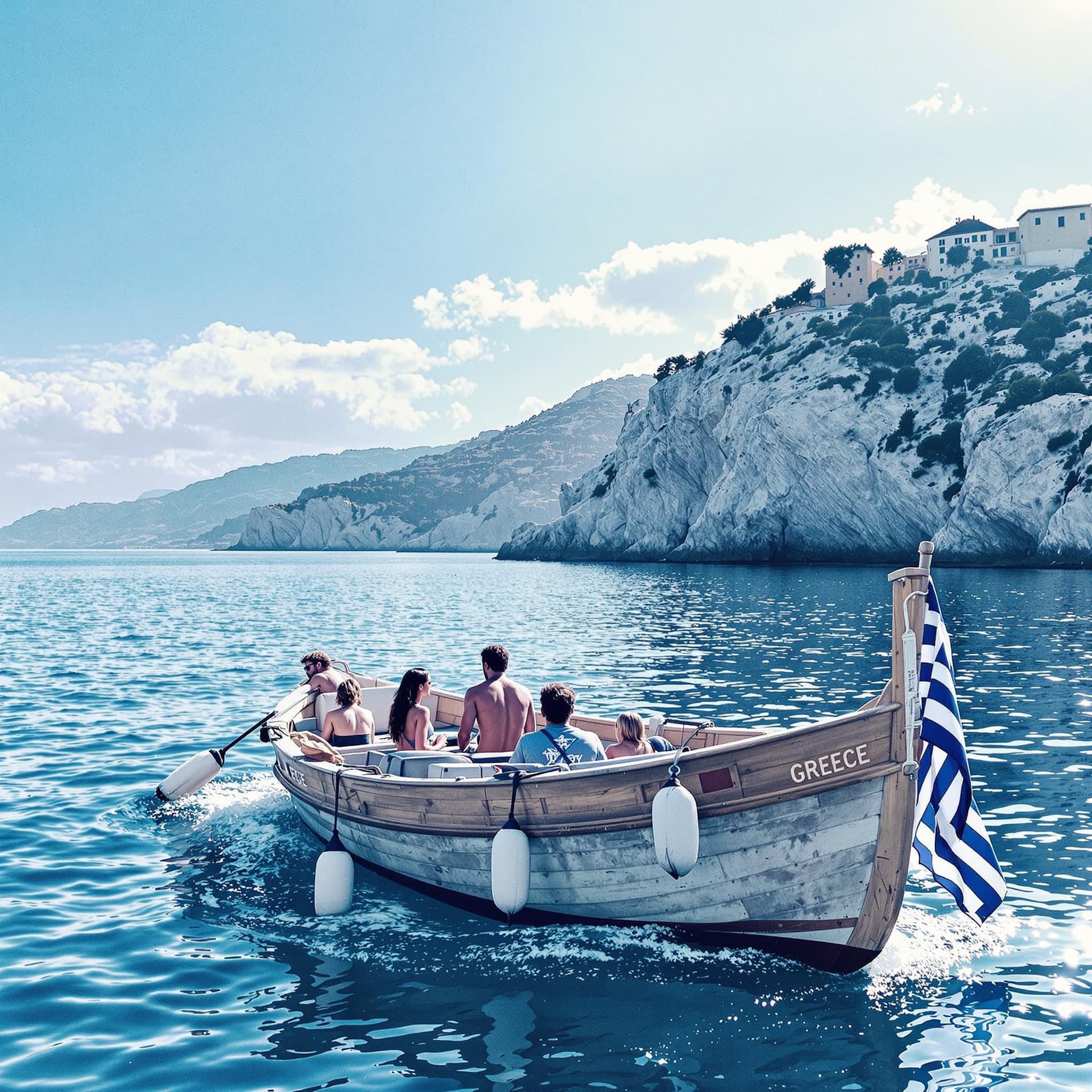AI generated: make me a photo of greece in boat with a greek flag