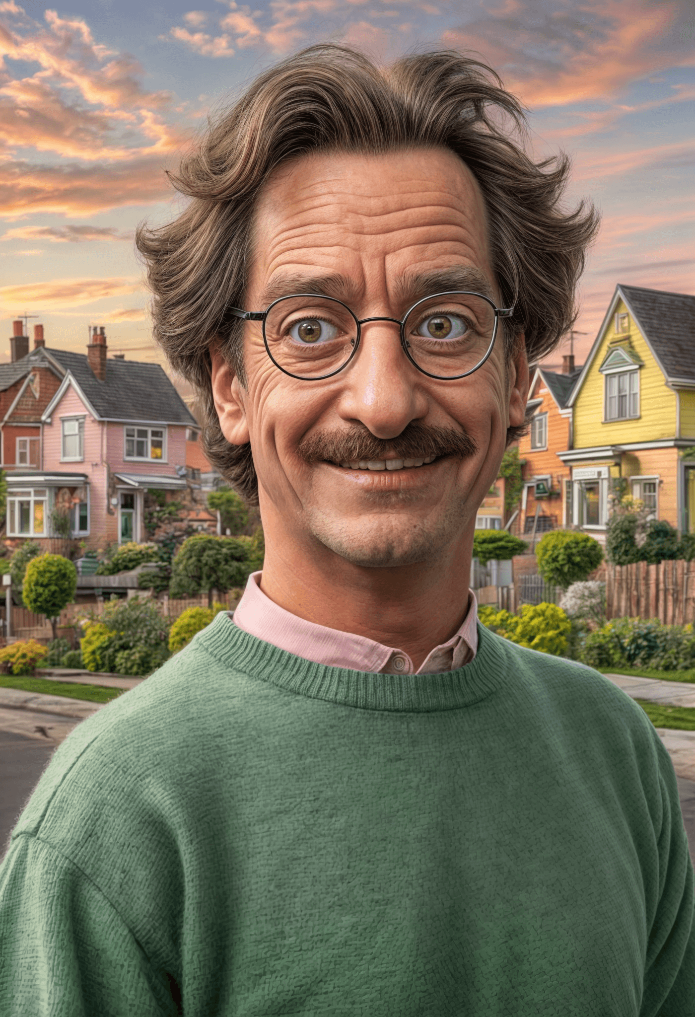 AI generated: humorous, exaggerated caricature of Ned Flanders from "The Simpsons." He has oversized, friendly eye...