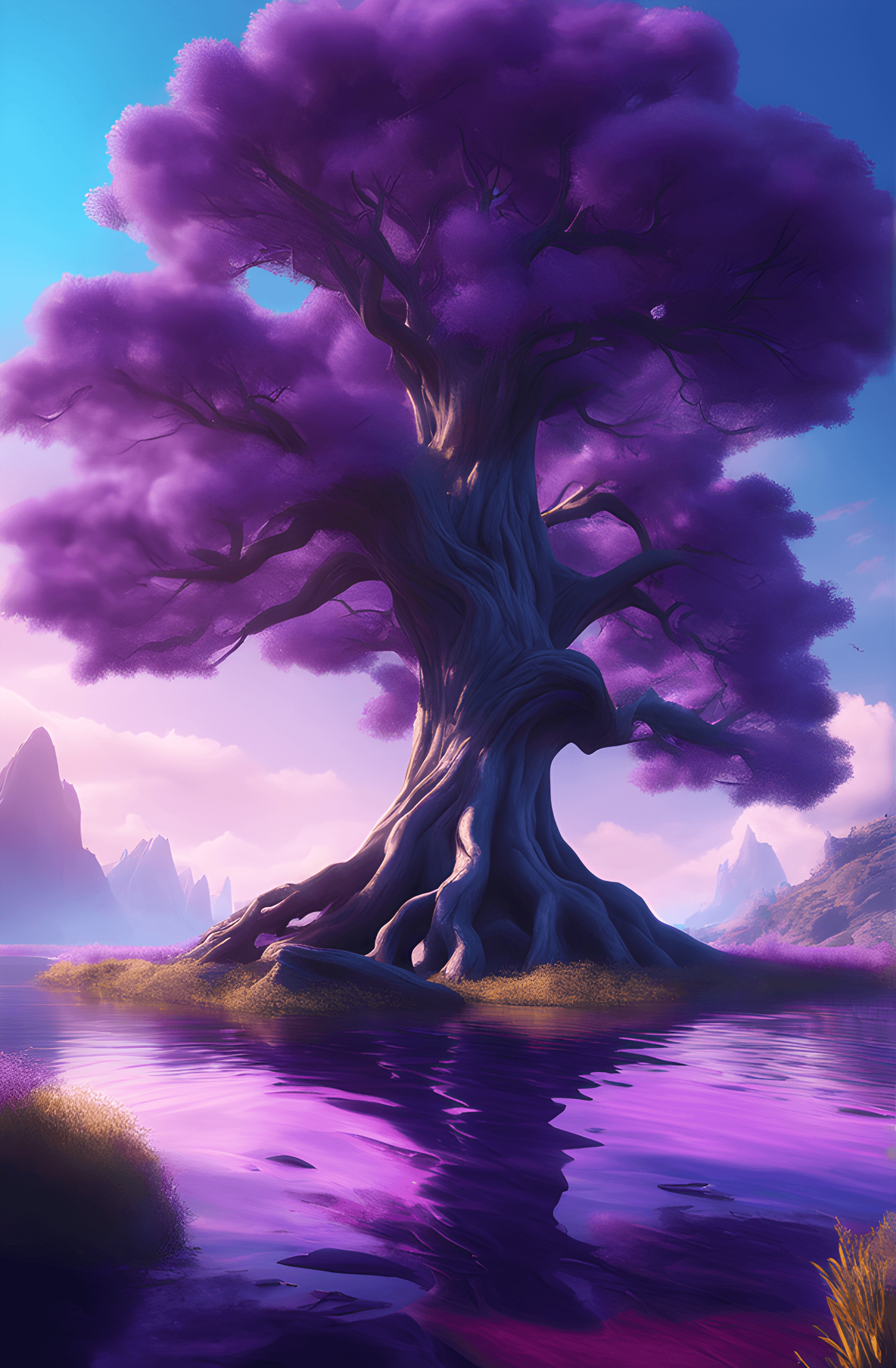 AI generated: scenery, conceptart, a giant tree next to a river of purple water, blue sky, masterpiece, best quali...