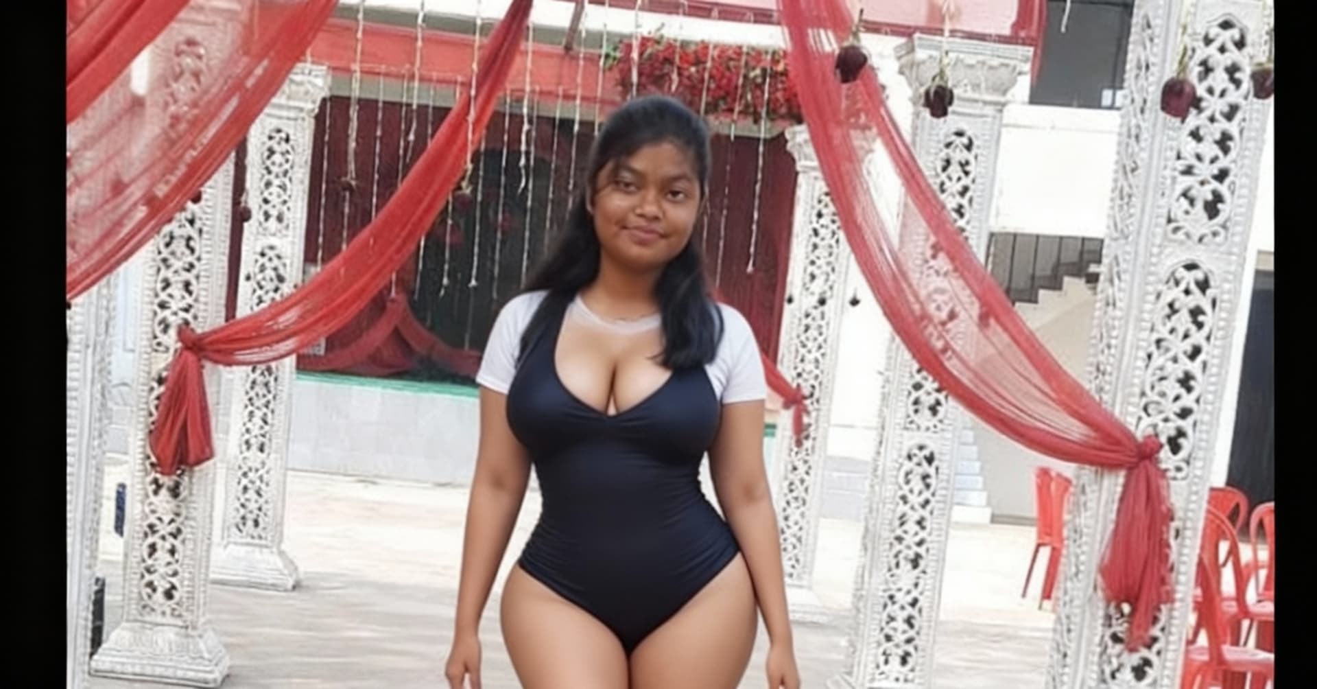 AI generated: Looking short dress like tight dress, tshirt, huge chest,huge hips slim and Jim dress with top,wears...