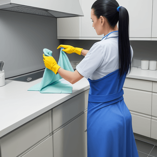 AI generated: Photo of cleaning woman using microfibre cloth from Harmsen Trading GmbH to clean a kitchen