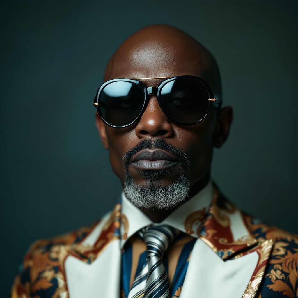 AI generated: A photo of an eccentric black man wearing big sunglasses and a designer suit , he has a bald head